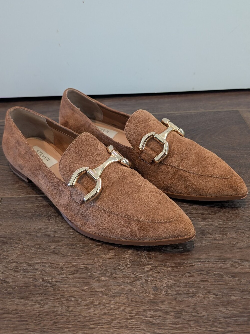 Steven New York Tan Faux Suede Pointed Toe Loafers with Gold Buckle
